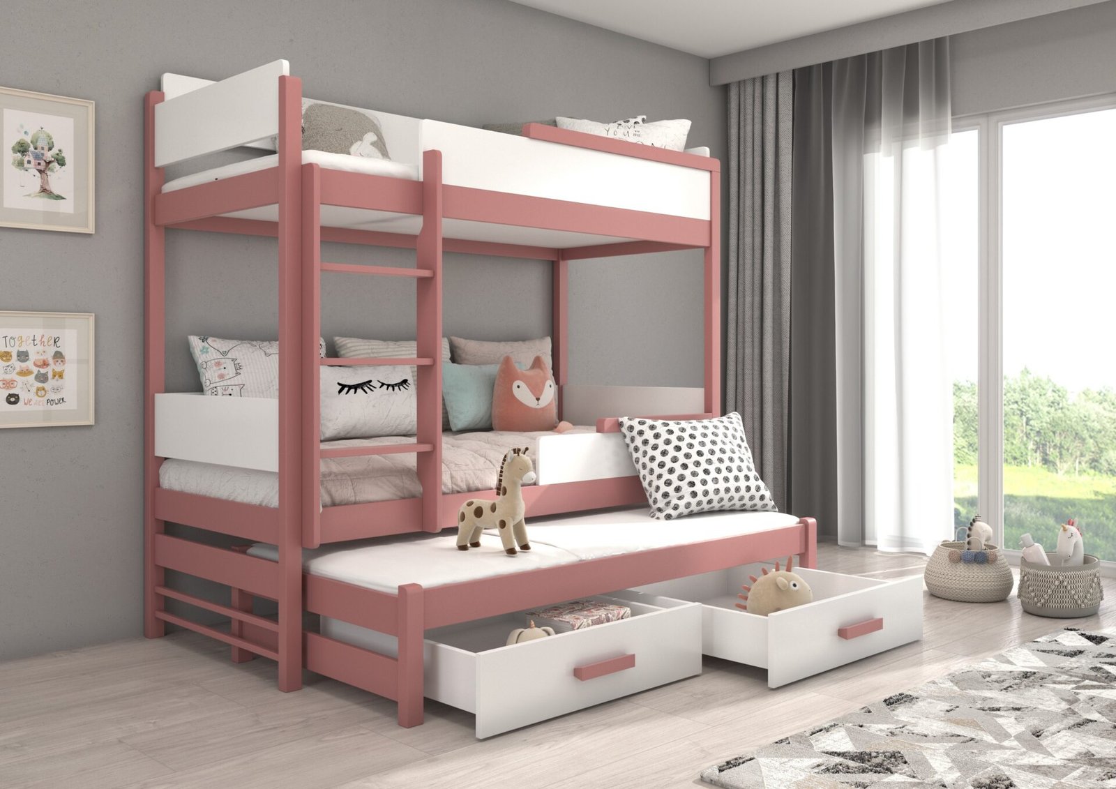 Triple bunk bed with DOUBLE size 200x90 mattresses, pine/white, ADRK - Image 2