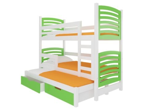 Triple bunk bed with SORIA mattresses, white/green, ADRK