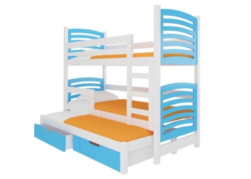 Triple bunk bed with SORIA mattresses, white/blue, ADRK