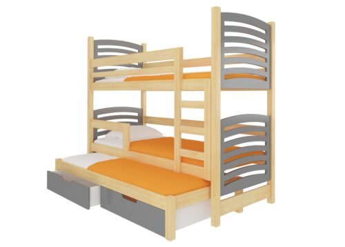 Triple bunk bed with SORIA pine/gray ADRK mattresses