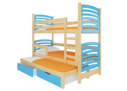 Triple bunk bed with SORIA pine / blue ADRK mattresses