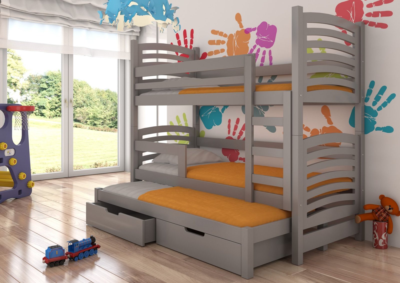 Triple bunk bed with SORIA mattresses, gray, ADRK - Image 2