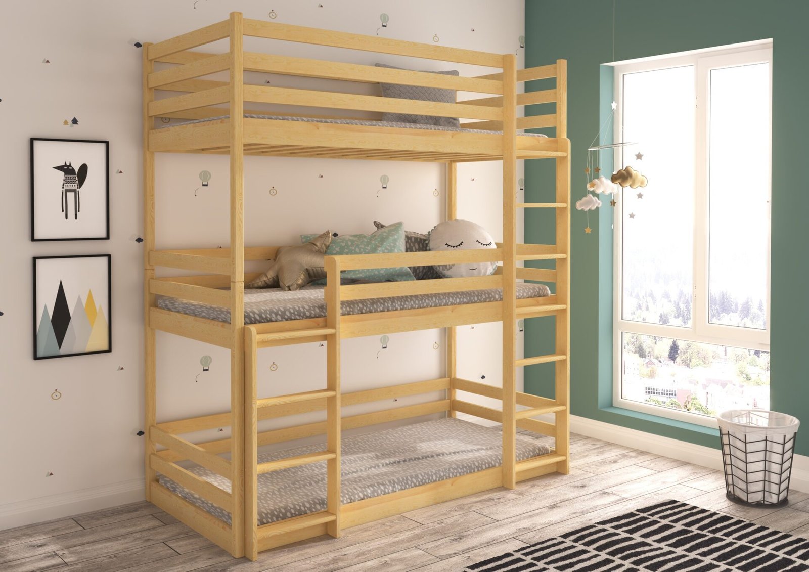 Triple bunk bed with TEDRO 200x90 mattresses, ADRK pine - Image 2