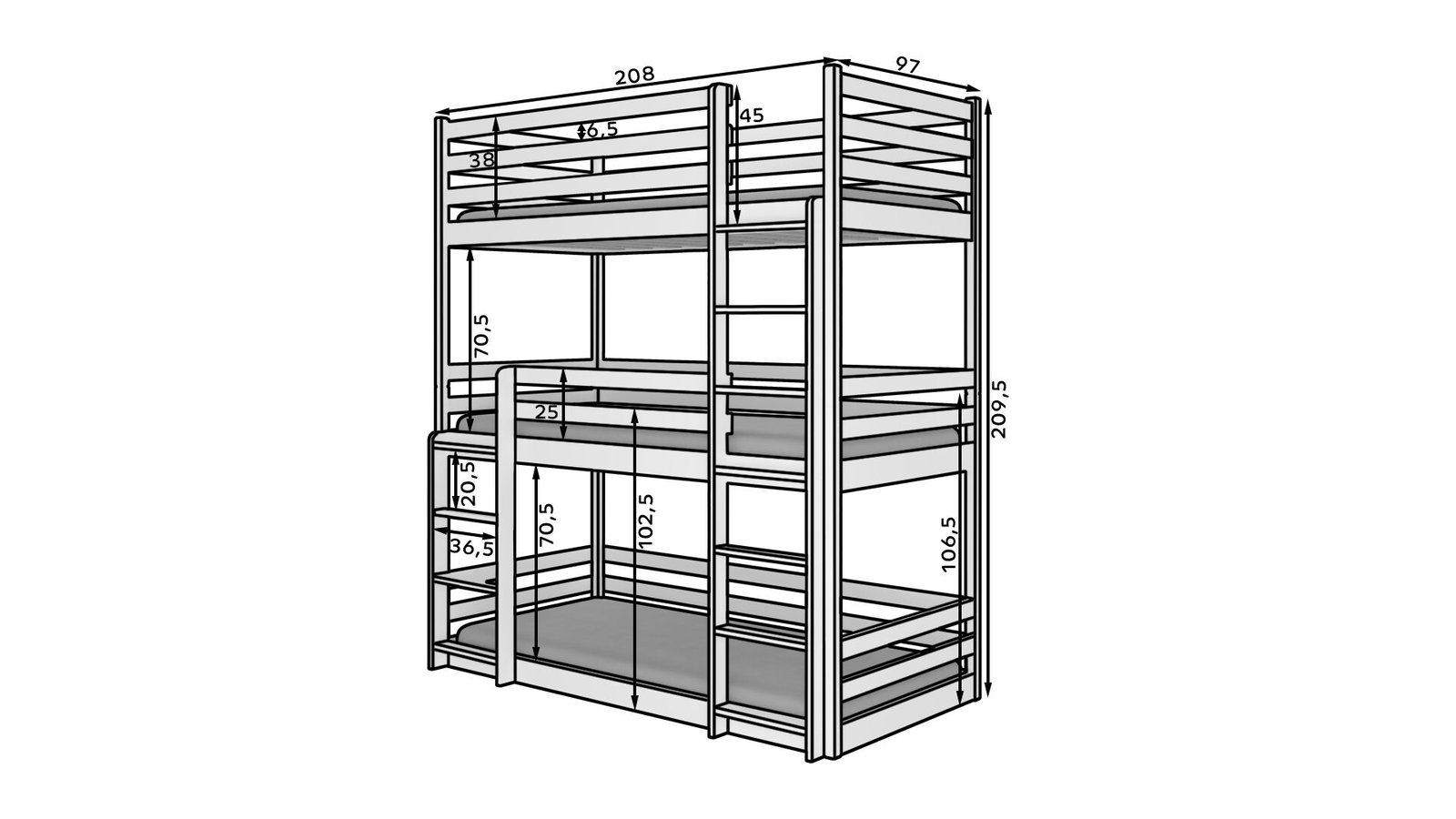 Triple bunk bed with TEDRO 200x90 mattresses, ADRK pine - Image 3