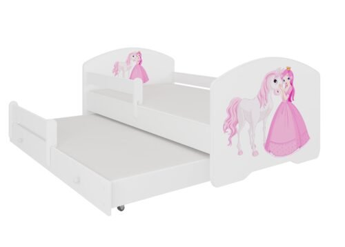 Double bed with cornice and mattresses PEPE II PRINCESS AND HORSE 160×80 white ADRK