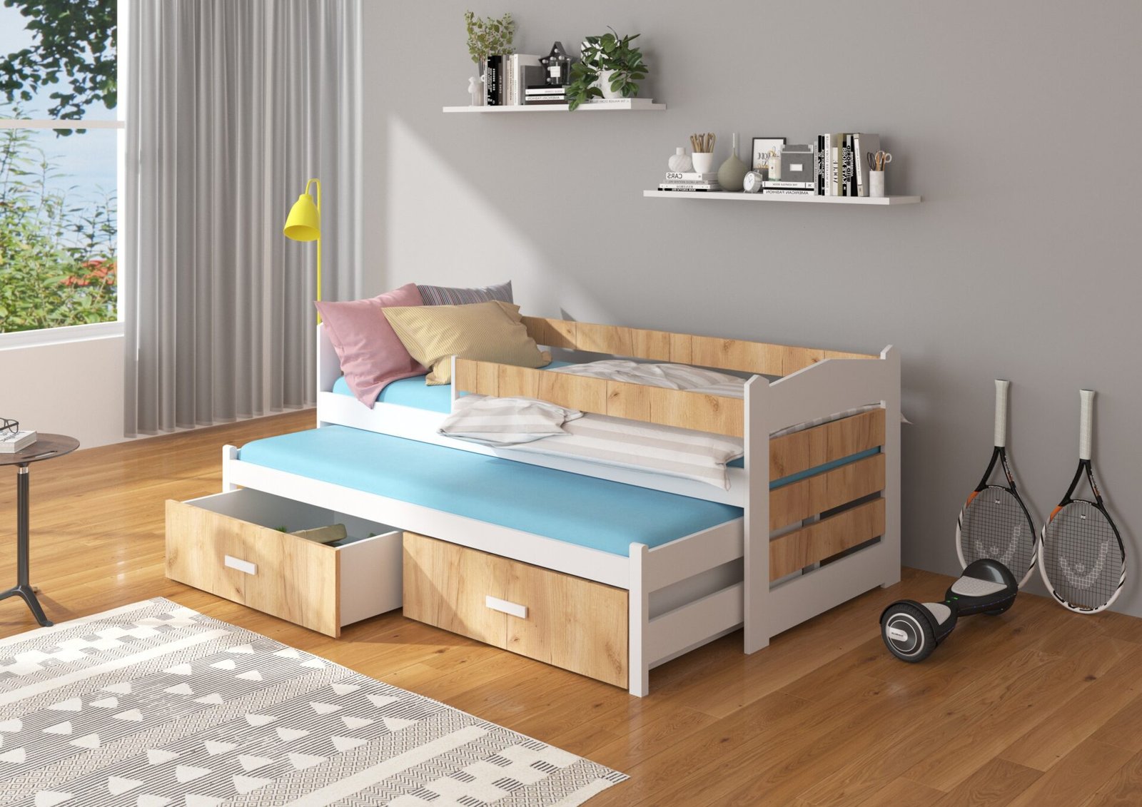 Double bed with cornice and mattresses TIARRO 180x80 white/golden oak ADRK - Image 2