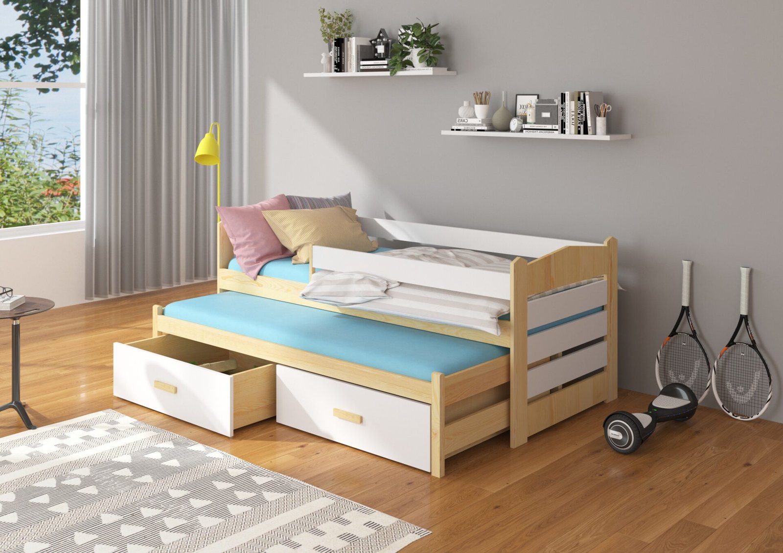 Double bed with cornice and mattresses TIARRO 180x80 Natural pine/white ADRK - Image 2