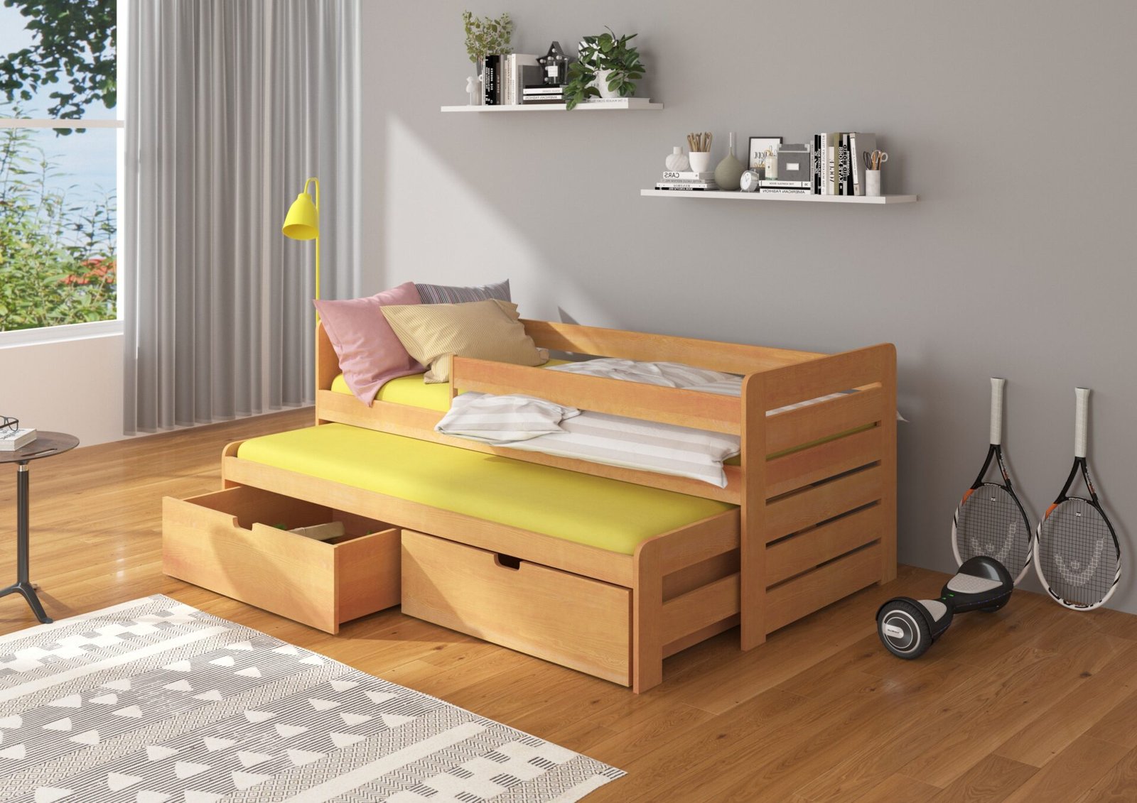 Double bed with cornice and TOMI mattress 180x80 beech wood ADRK - Image 2