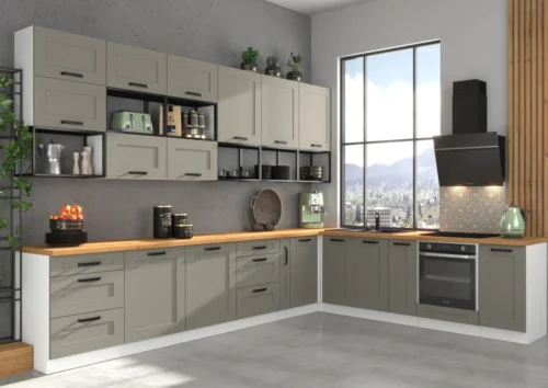Corner kitchen set, corner kitchen 360/270 cm white/clay gray Luna
