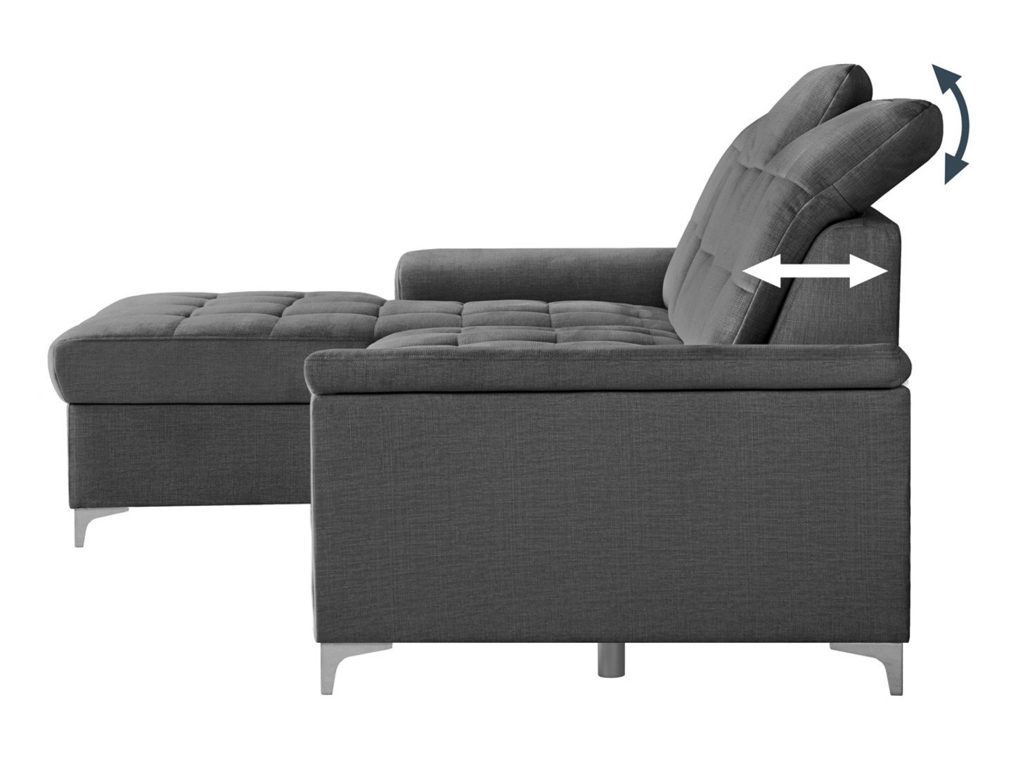 Ariado left corner sofa, extendable, with compartment and adjustable backrest, velvet gray
