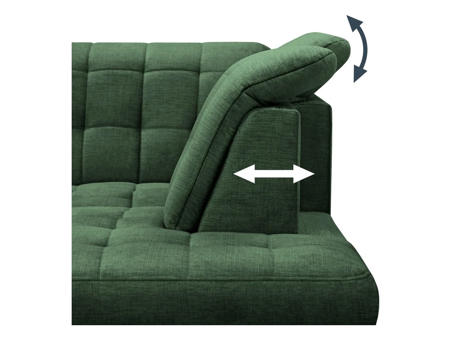 Right-hand corner sofa "Aragon", foldable, with height-adjustable headrest and seat, green