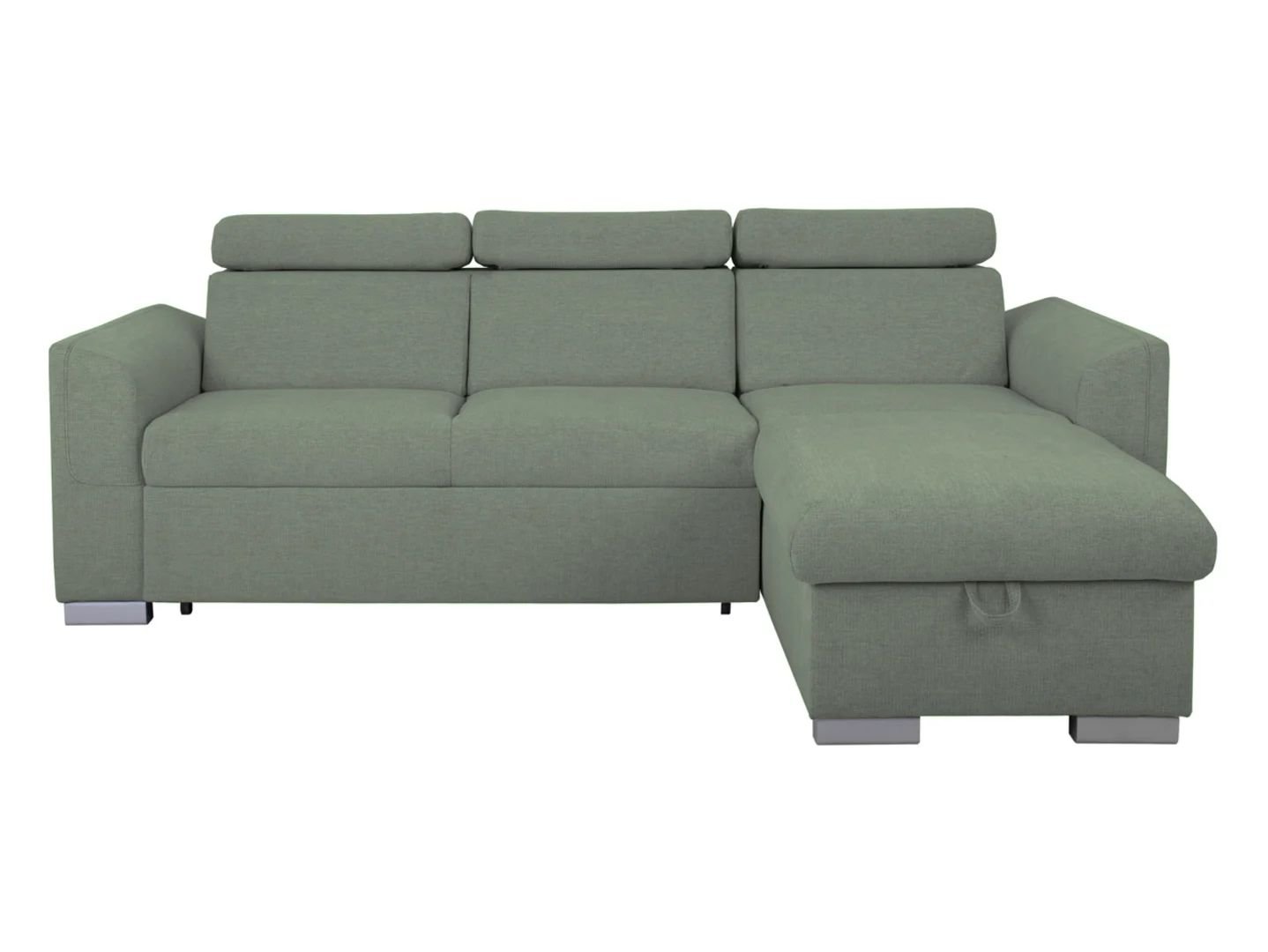 Evia universal corner sofa with sleeping function, container and adjustable headrests, green