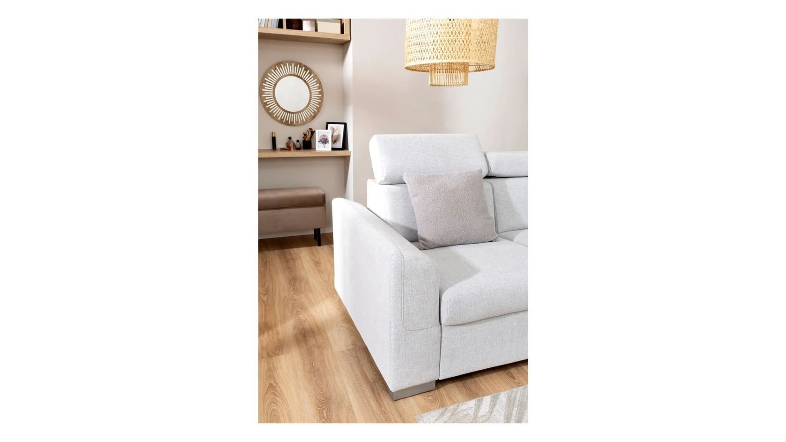 Evia universal corner sofa with sleeping function, storage box and adjustable headrests, light gray - Image 3