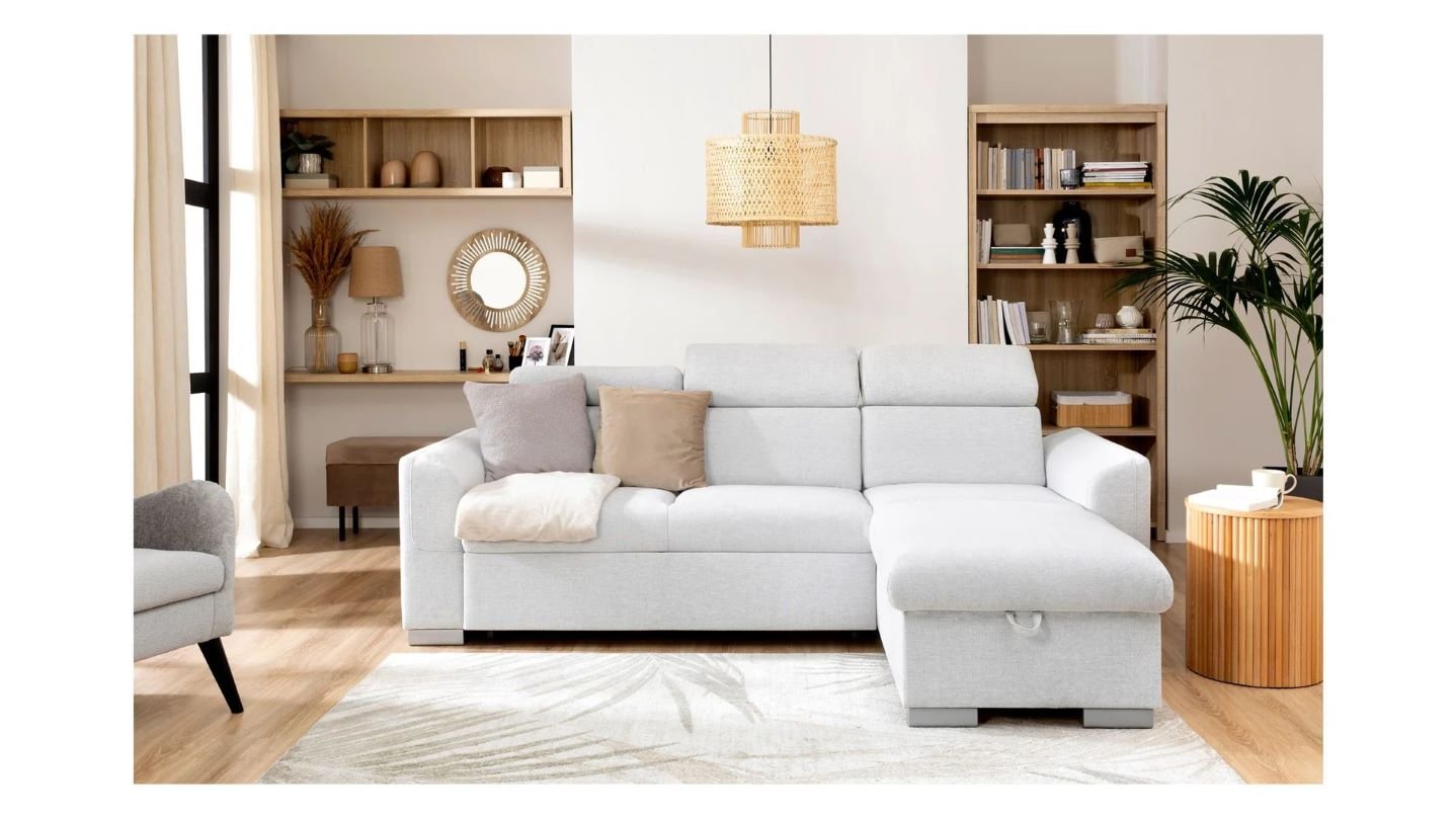 Evia universal corner sofa with sleeping function, storage box and adjustable headrests, light gray - Image 6