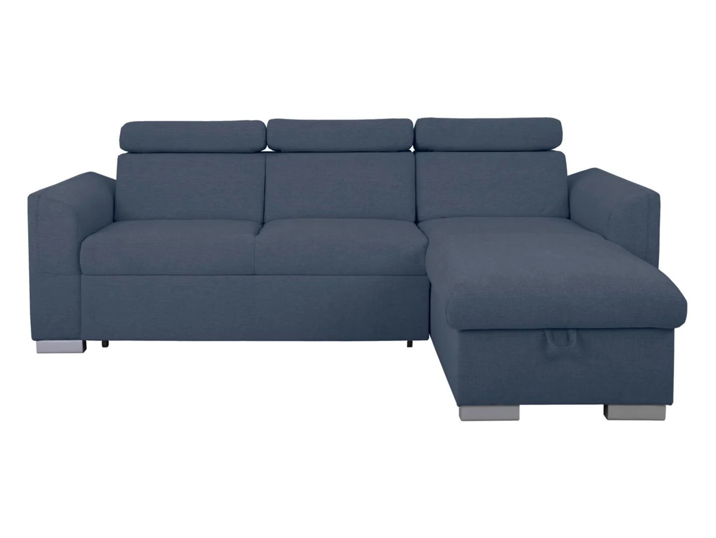 Evia universal corner sofa with sleeping function, container and adjustable headrests, blue