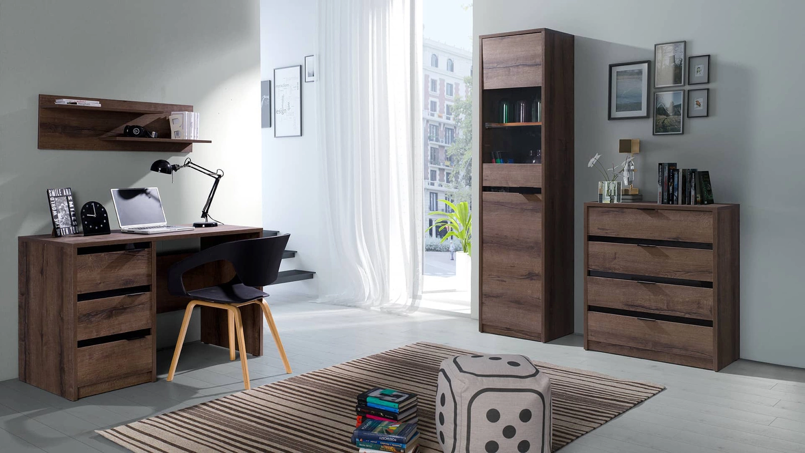 Denver desk 120 cm, Monastery Oak / glossy black, modern desk with drawers, perfect for a teenager's room or office - Image 3