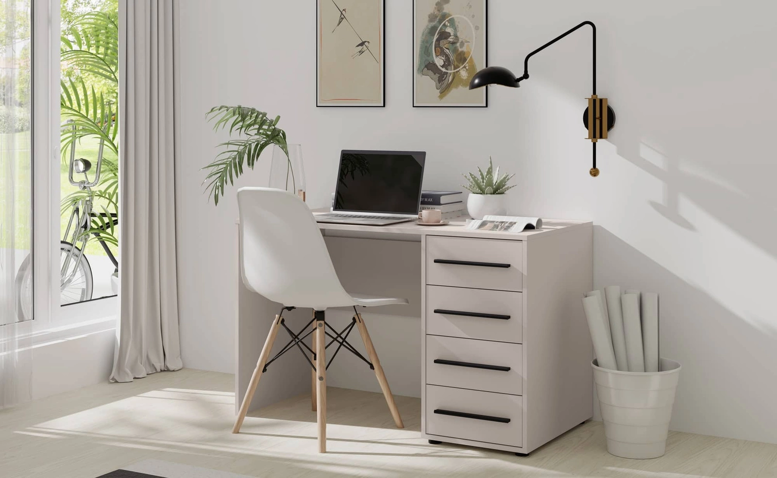 Maxione desk, 120 cm, beige, modern desk with drawers, versatile design, perfect for a teenager's room or office - Image 4
