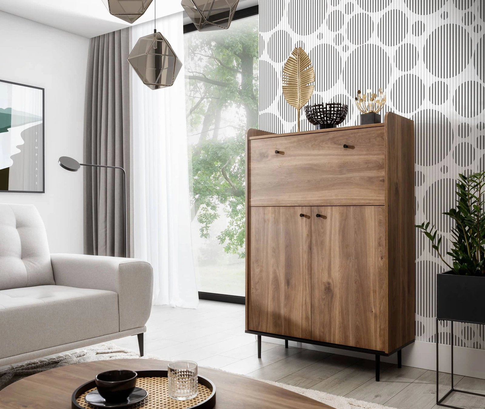 Apallo chest of drawers 90 cm, brandy oak, castello, original design, high tabletop edges, bar on metal legs