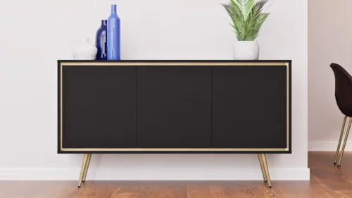 Nevea chest of drawers 150 cm, black graphite color, elegant chest of drawers for the living room, original and interesting design, sliding doors
