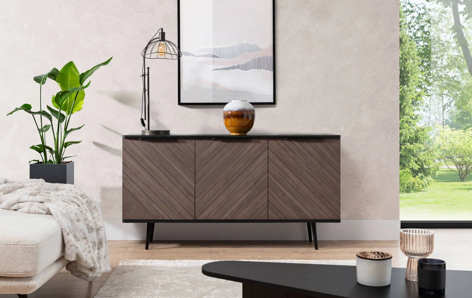 Tullio chest of drawers 150 cm, graphite black/captain's deck color - an elegant chest of drawers with an intriguing design and designer-trimmed handles