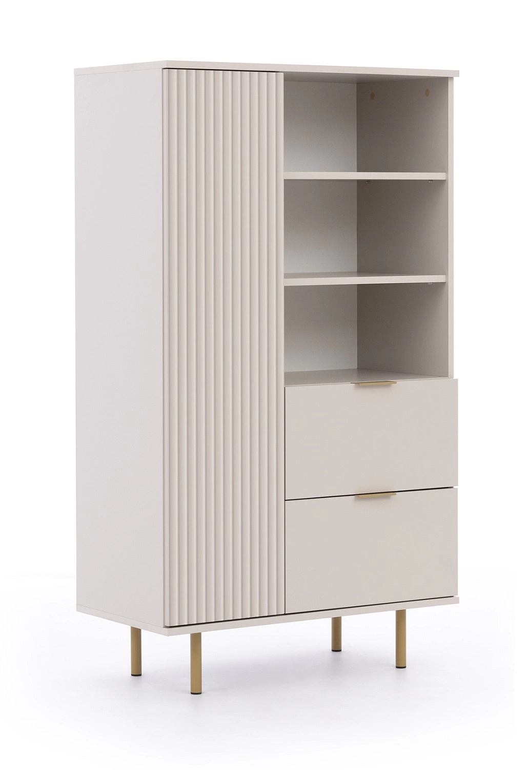 Tall chest of drawers "Sula", 80 cm, beige color, elegant and functional chest of drawers with grooves on the front, enriched with metal handles