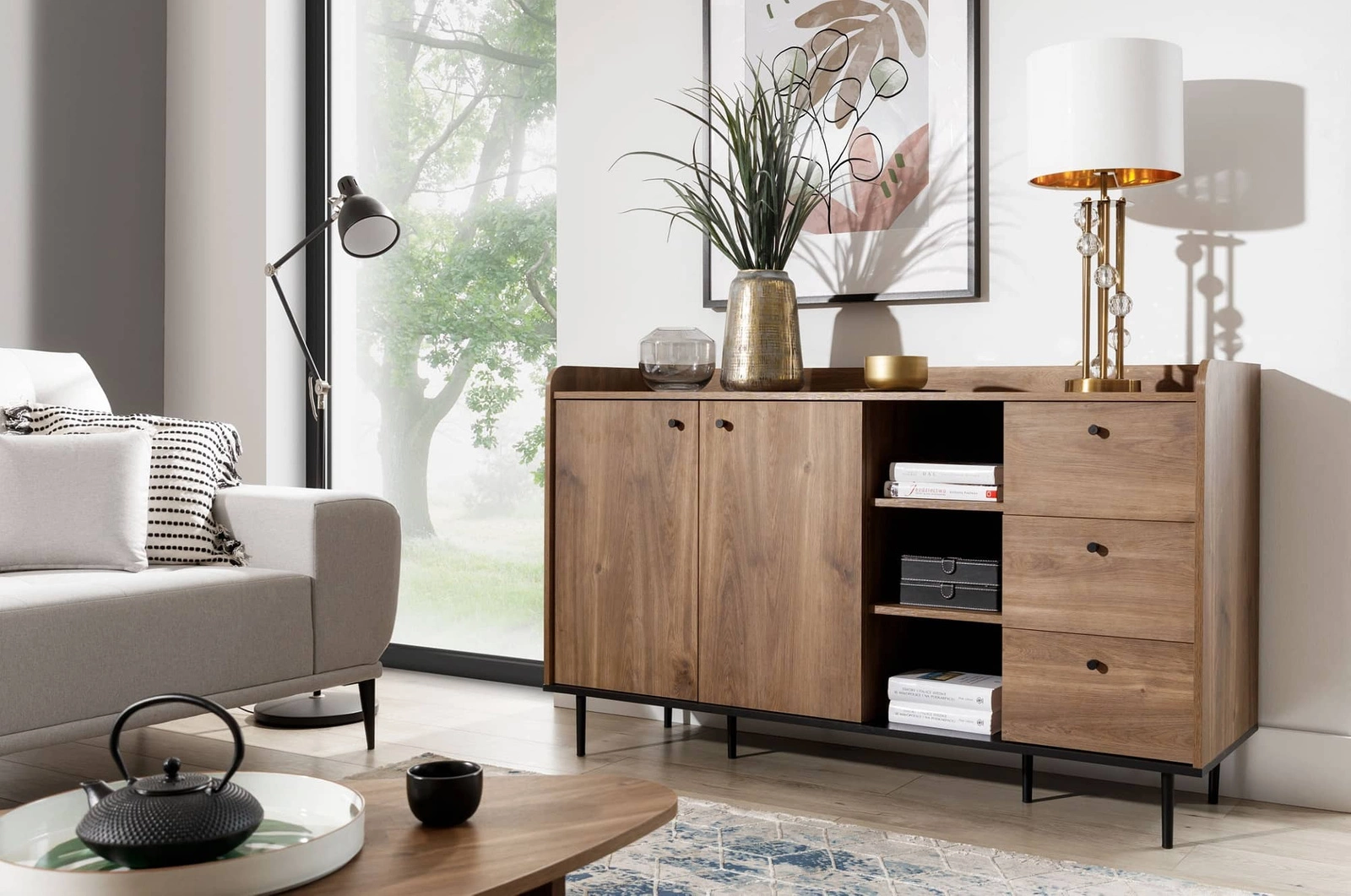 Apallo chest of drawers 150 cm, brandy oak, castello, original design, high tabletop edges, body mounted on metal legs