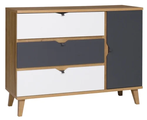 Memone chest of drawers 120 cm in golden oak / white / graphite color, perfect chest of drawers for a teenager’s or child’s room in Scandinavian style