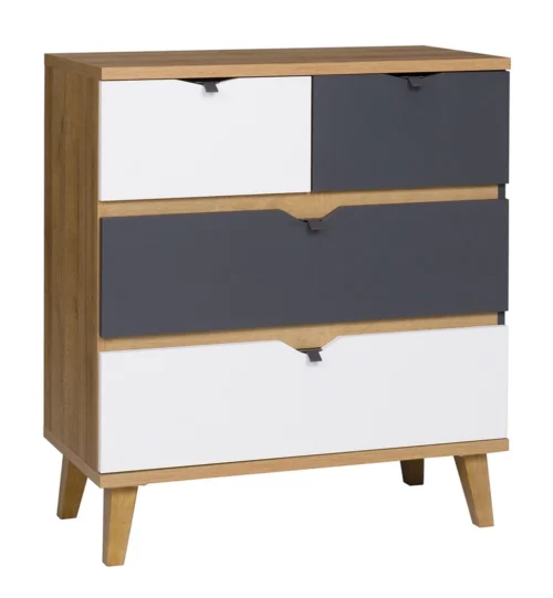 Memone chest of drawers 81 cm in golden oak / white / graphite color, perfect chest of drawers for a teenager’s or child’s room in Scandinavian style