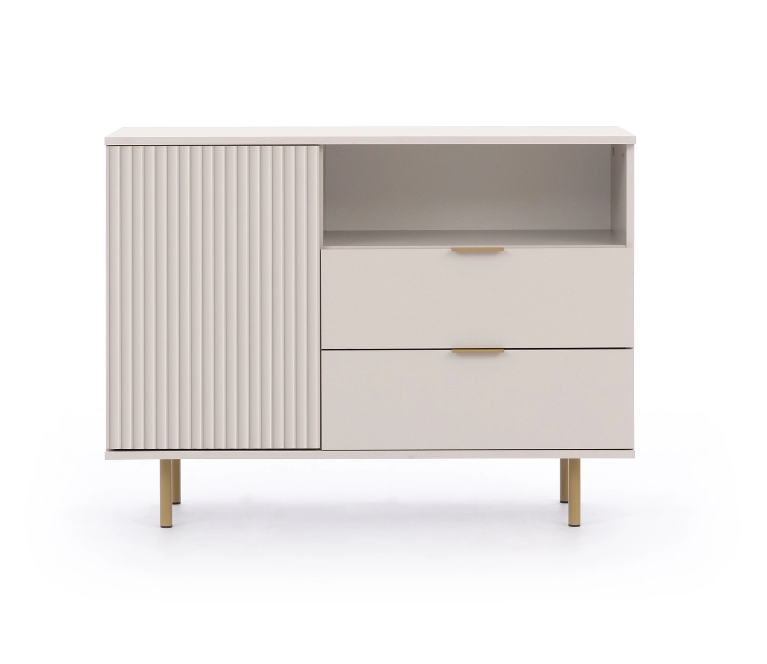 Sula chest of drawers 107 cm beige, elegant and functional chest of drawers with a decorative grooved front enriched with metal handles - Image 2