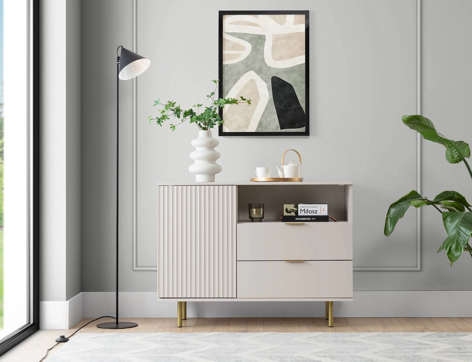 Sula chest of drawers 107 cm beige, elegant and functional chest of drawers with a decorative grooved front enriched with metal handles