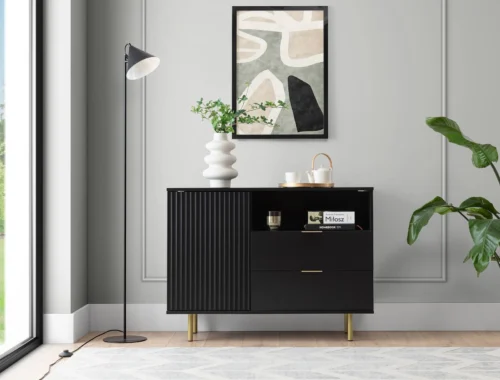 Sula chest of drawers 107 cm black elegant and functional chest of drawers with a decorative grooved front enriched with metal handles