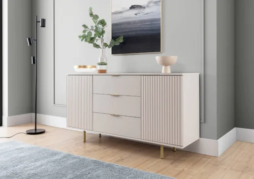 Sula chest of drawers 150 cm beige, elegant and functional chest of drawers with decorative grooves on the facades and metal handles