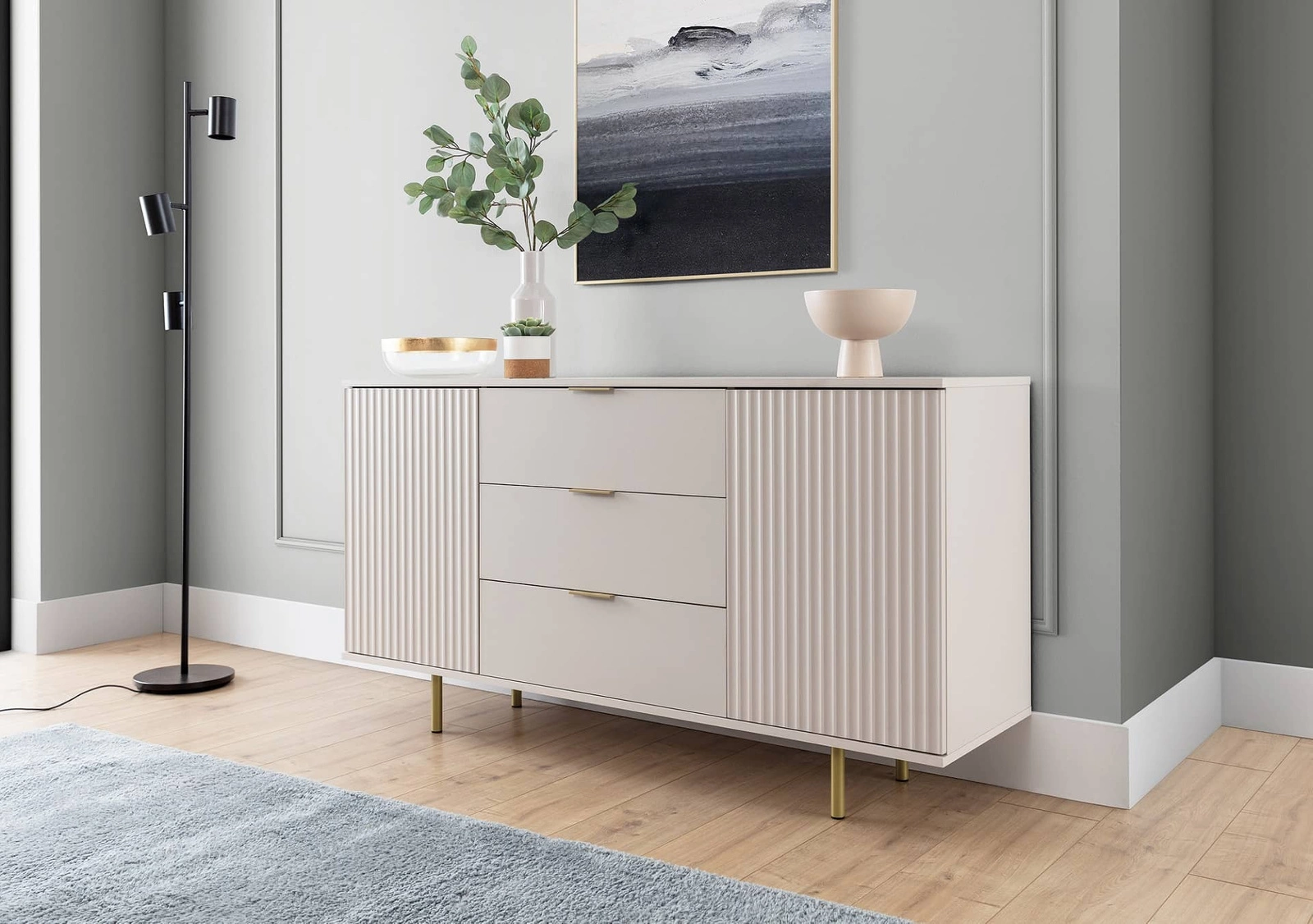 Sula chest of drawers 150 cm beige, elegant and functional chest of drawers with decorative grooves on the facades and metal handles