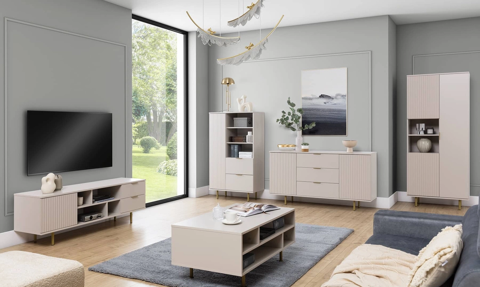 Sula chest of drawers 150 cm beige, elegant and functional chest of drawers with decorative grooves on the facades and metal handles - Image 6