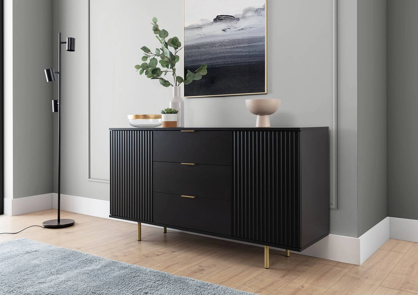 Sula chest of drawers 150 cm black, elegant and functional chest of drawers with decorative grooves on the facades and metal handles