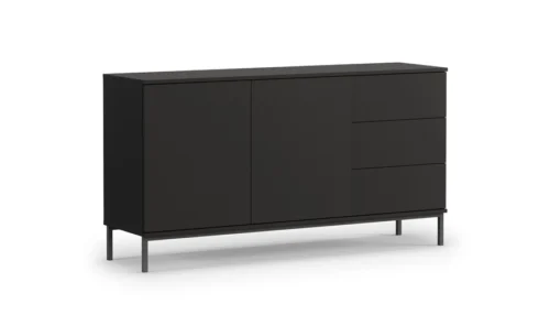 Tutti chest of drawers, 150 cm, black, minimalist design, simple shape, supported by a metal base, opens by pushing