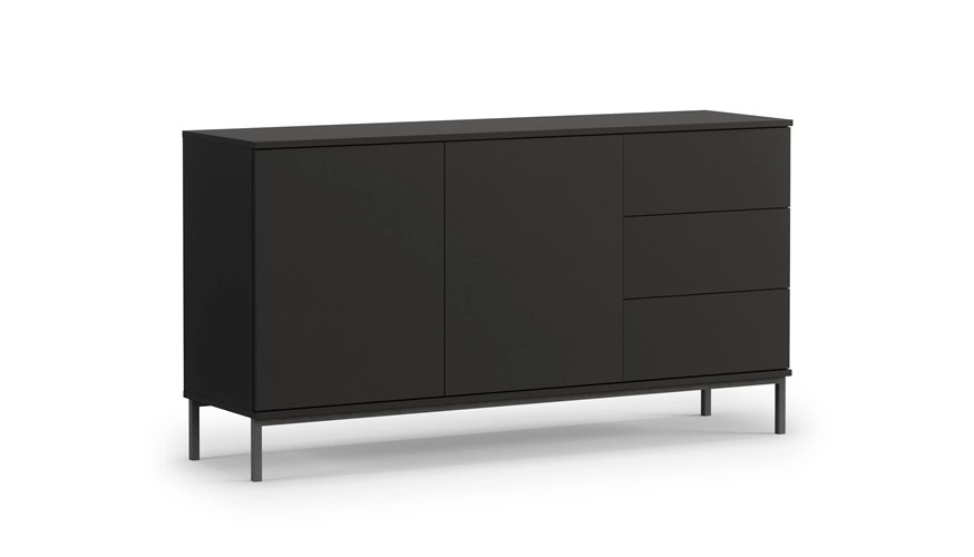 Tutti chest of drawers, 150 cm, black, minimalist design, simple shape, supported by a metal base, opens by pushing