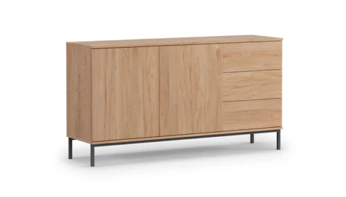 Tutti chest of drawers, 150 cm, hickory oak color, minimalist design, simple shapes, supported by a metal base, push-opening system