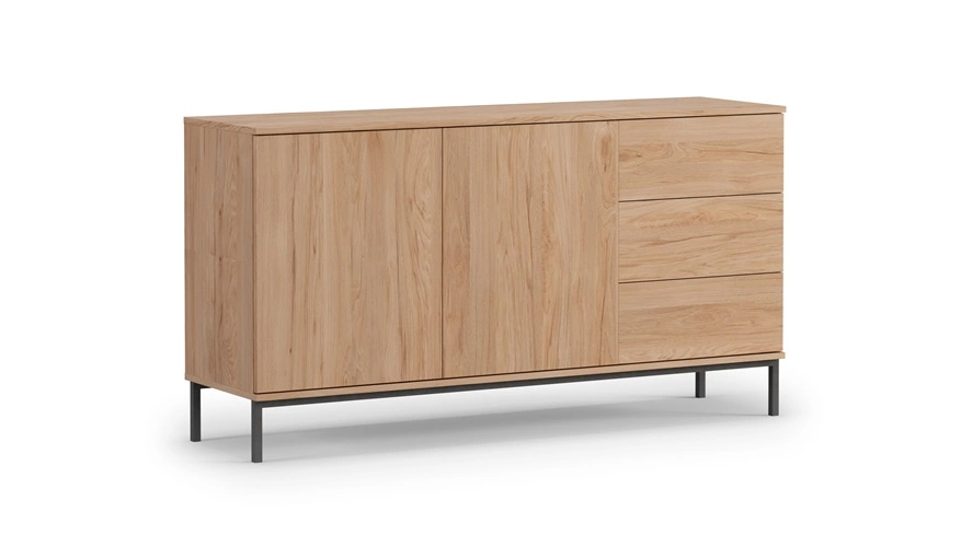 Tutti chest of drawers, 150 cm, hickory oak color, minimalist design, simple shapes, supported by a metal base, push-opening system