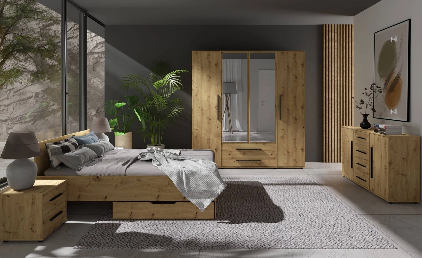 Maxione bed 160x200 cm, artificial oak color, perfect bedroom bed for lovers of minimalist layout, high and comfortable headboard - Image 4