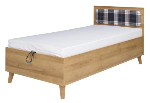 “Memone” bed, 90×200 cm, golden oak color, with a bedding box, perfect for a child’s room, with a Scandinavian-style upholstered headboard