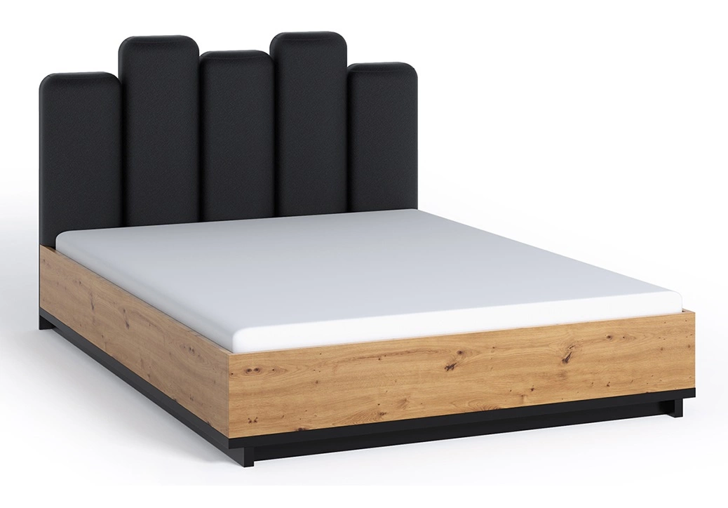 Simi GB bed 160x200 cm with bedding box, artificial oak/black color, perfect for the bedroom, edges covered with ABS plywood, designer upholstered headboard