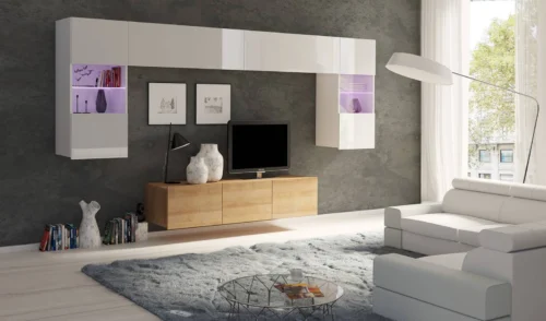 CALABRINI II wall cabinet, glossy white / golden oak – an exceptionally stylish wall cabinet with simple shapes that fits any interior