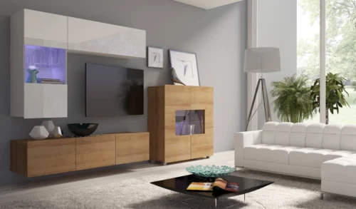 CALABRINI III wall cabinet, glossy white / golden oak, an exceptionally stylish wall cabinet, with simple shapes that fit into any interior