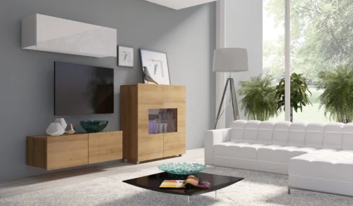 CALABRINI IX” glossy white/golden oak wall cabinet – an exceptionally stylish, simple-shaped cabinet that fits into any interior