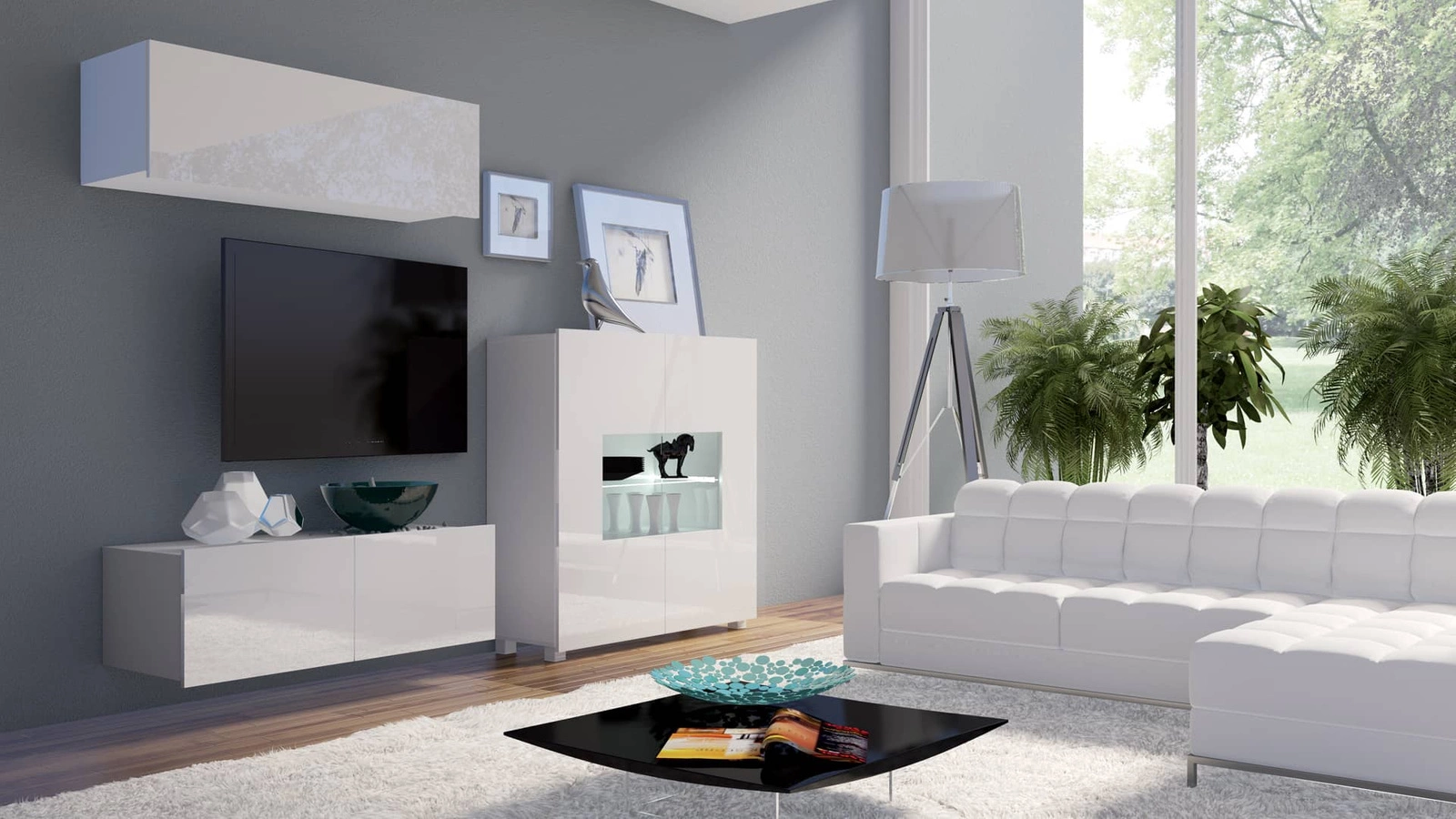 CALABRINI IX wall cabinet, glossy white, exceptionally stylish wall cabinet, simple shapes, suitable for any interior