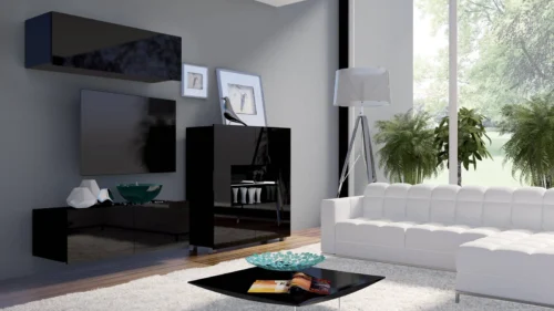 CALABRINI IX wall cabinet, glossy black, exceptionally stylish wall cabinet, simple shapes, suitable for any interior