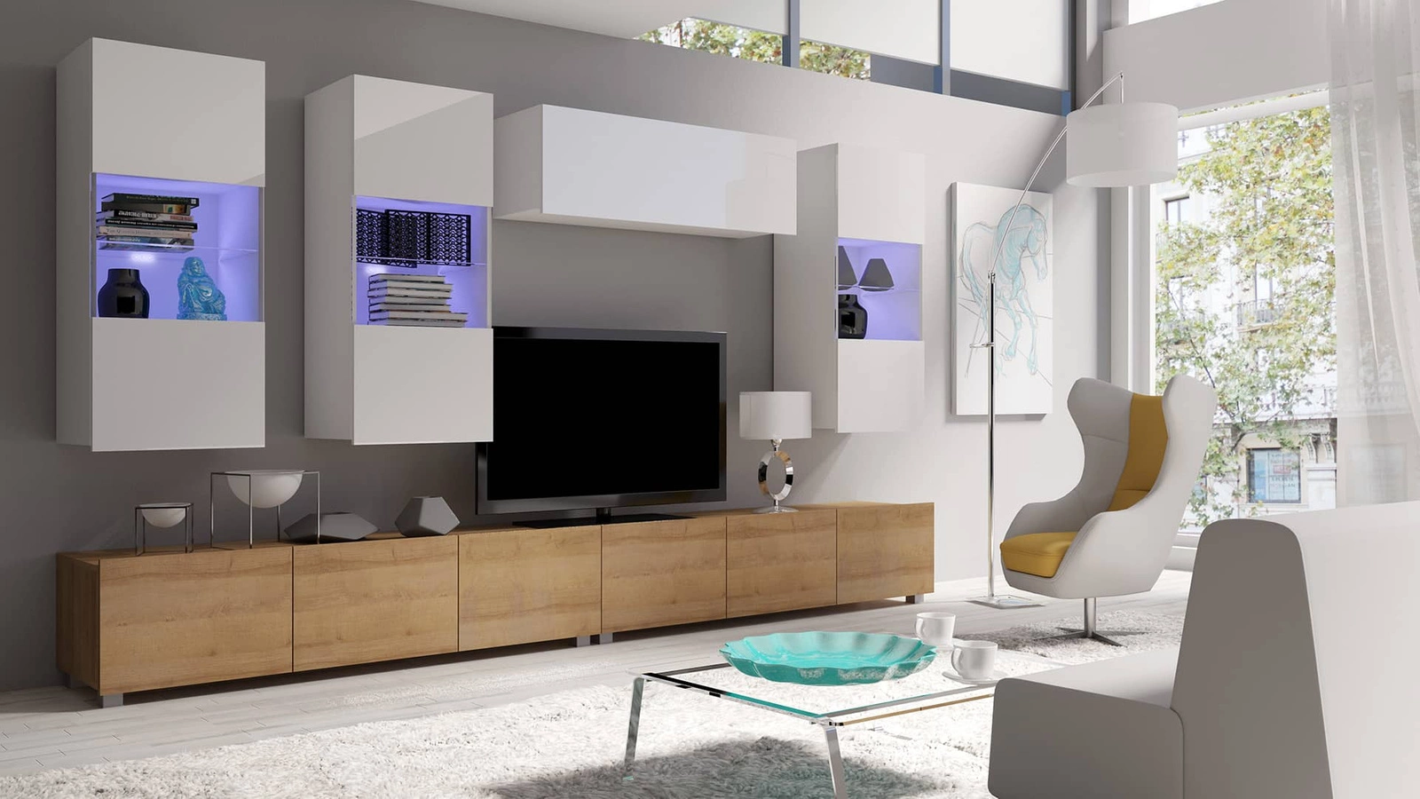 CALABRINI V wall cabinet, glossy white / golden oak color - an exceptionally stylish wall cabinet, with simple shapes, suitable for any interior