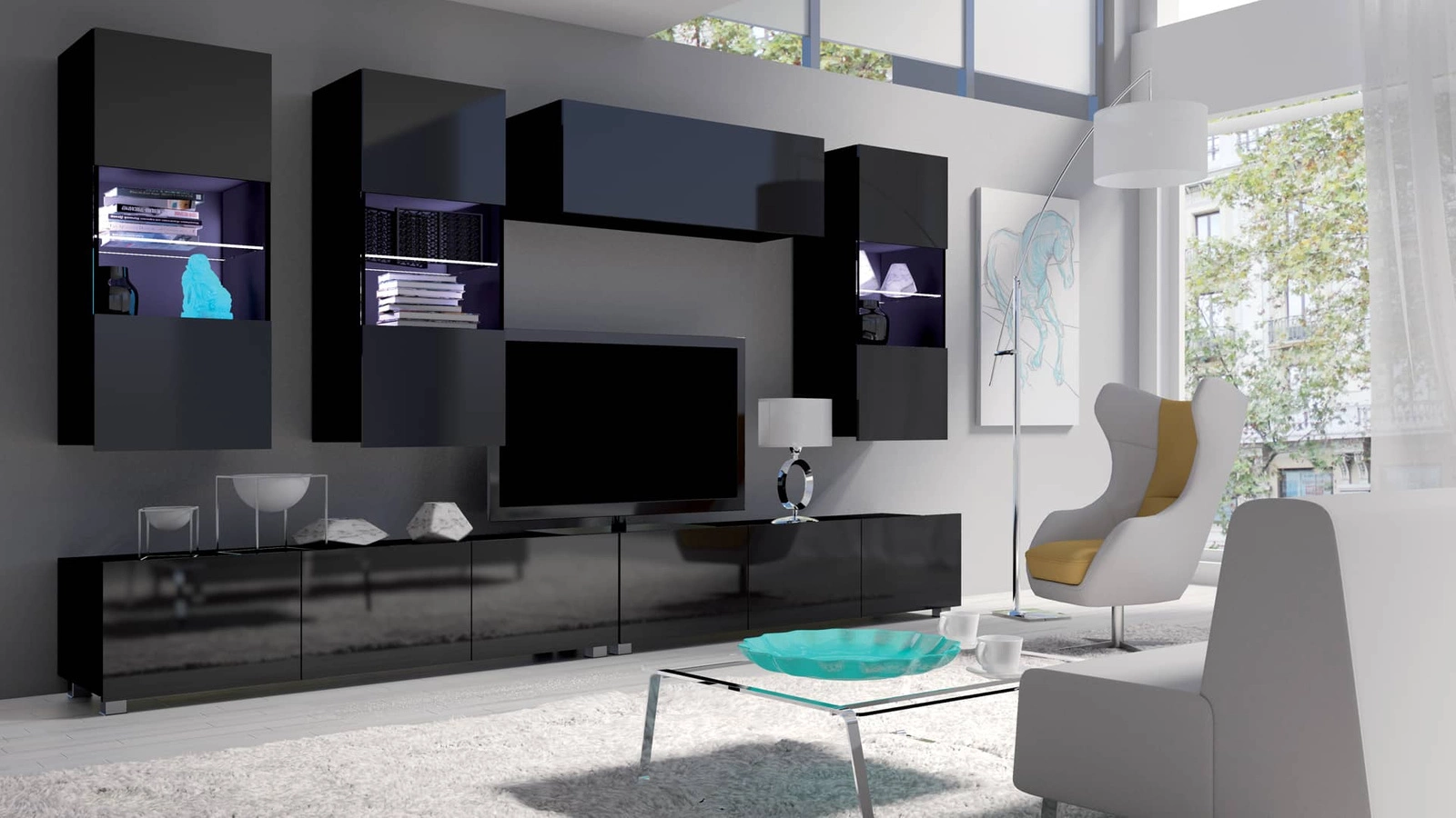 CALABRINI V" wall cabinet, glossy black, exceptionally stylish wall cabinet, simple shapes, suitable for any interior