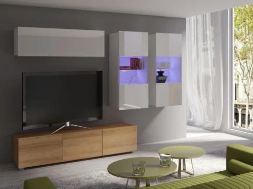CALABRINI VI wall cabinet, glossy white / golden oak, an exceptionally stylish wall cabinet, with simple shapes that fit into any interior
